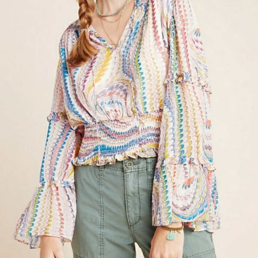 Anthropologie Maeve boho rainbow Peasant 60s 70s psychedelic Bell Sleeve Top